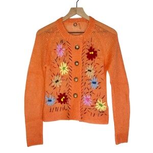 One Girl Who Embroidered Mohair Cardigan Orange Floral Knit Size small
